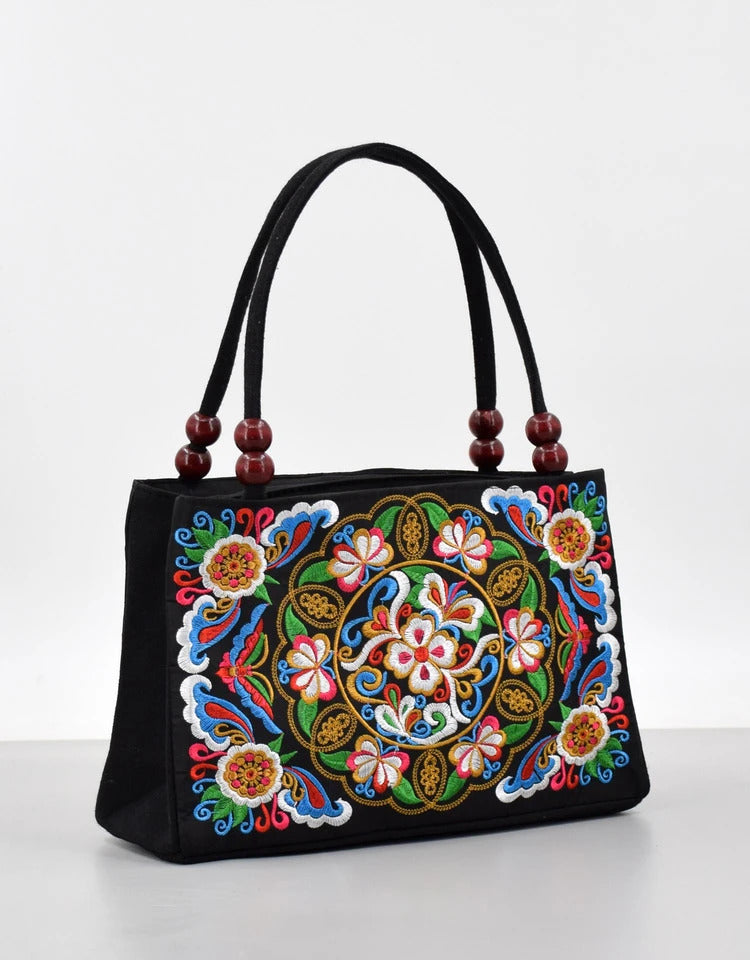 Embroidered Canvas Women's Top Handle Bag: Double Layered with Zippered Compartments, Perfect for Work and Play