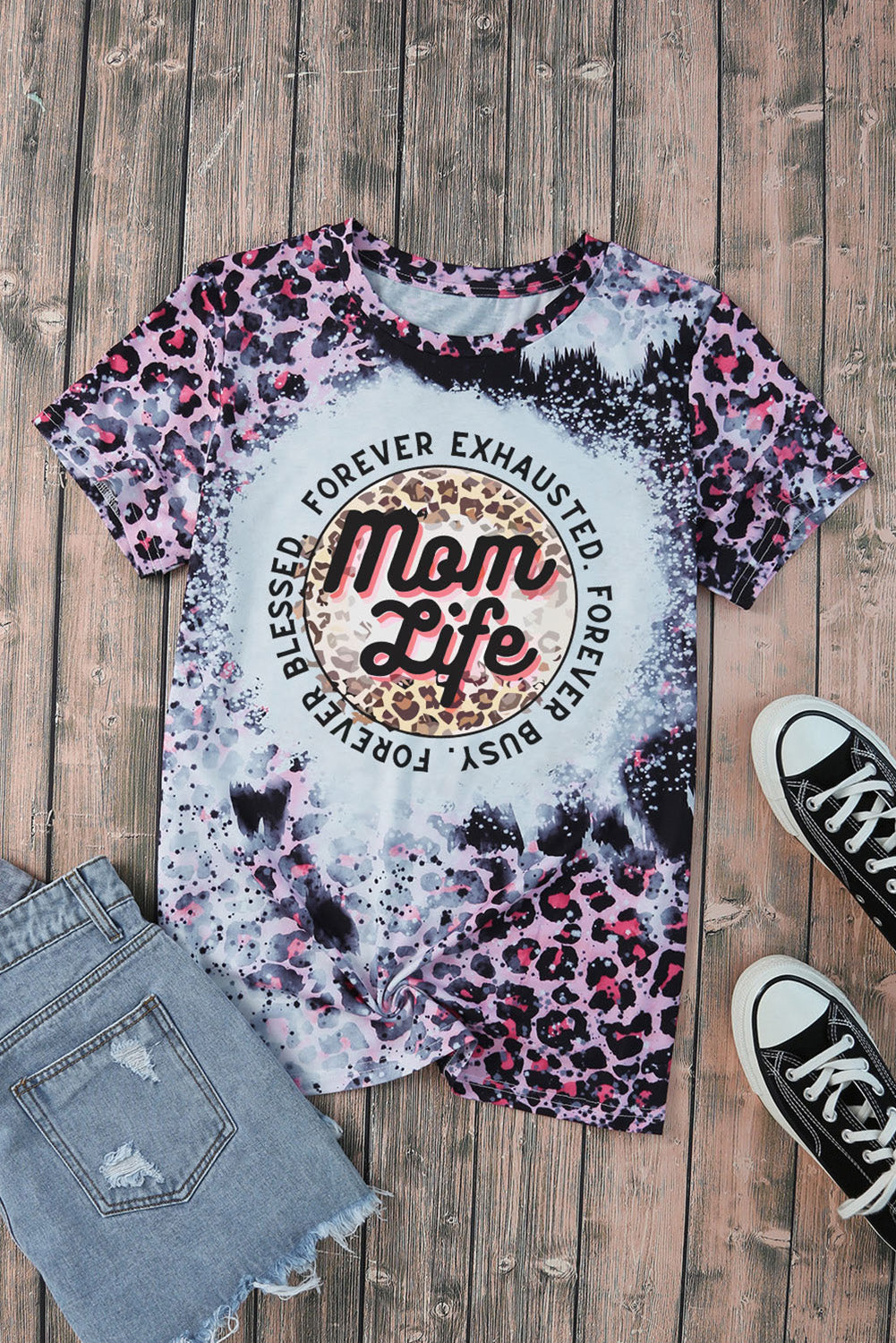 Pink Mom Life Slogan Leopard Bleached Graphic Tee