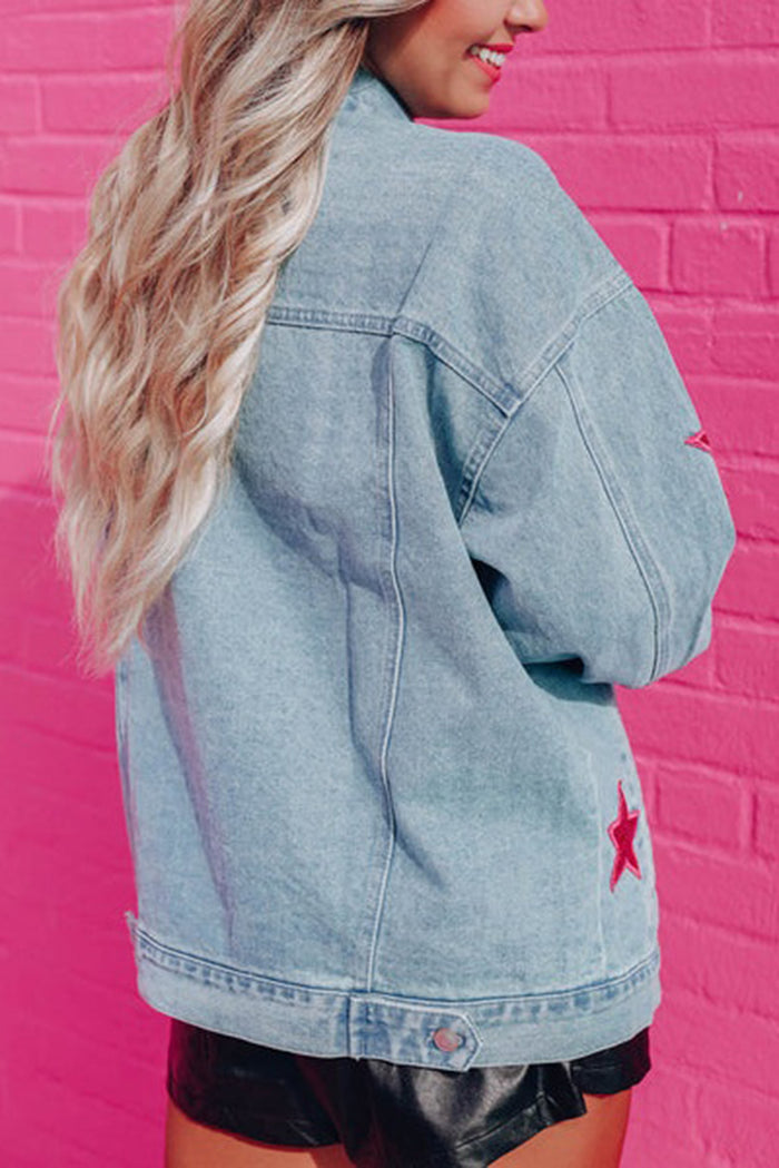 Light Blue Sequin Star Flap Pocket Denim Jacket