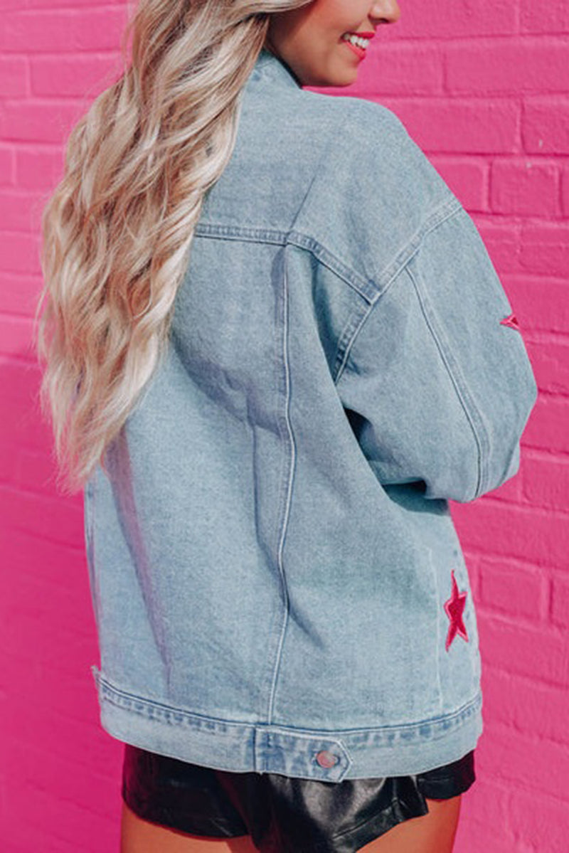 Light Blue Sequin Star Flap Pocket Denim Jacket