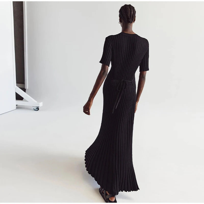 Elegant Knitted Ribbed Long Dress Women Slim Wave O-neck Short Sleeve Hip Package Dresses Female 2024 Summer Lady  Robe