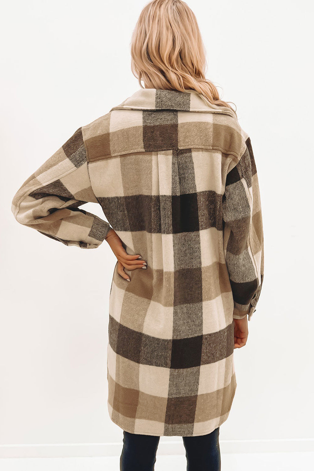 Chestnut Plaid Button-Down Flap Pocket Long Shacket