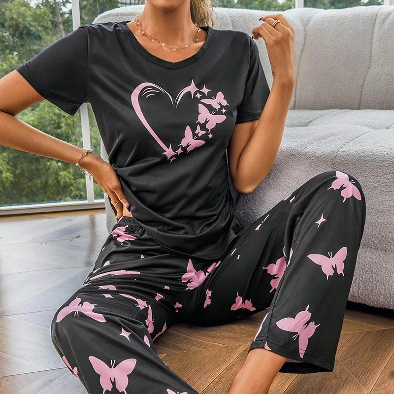 Women's Pajama Set Casual Heart print T-Shirt With Pants Sleepwear Loungewear Nightwear 2 Piece Sets Pijama Pajamas for women