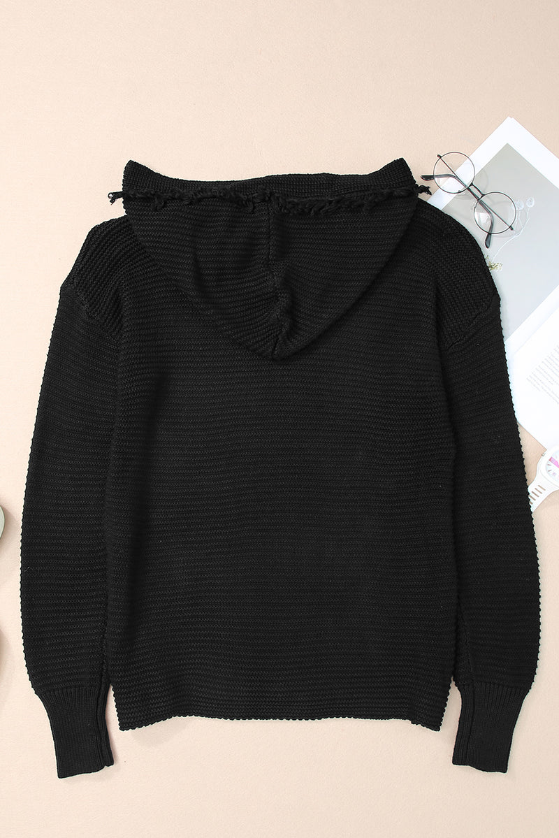 Black V Neck Ribbed Drop Shoulder Hooded Sweater