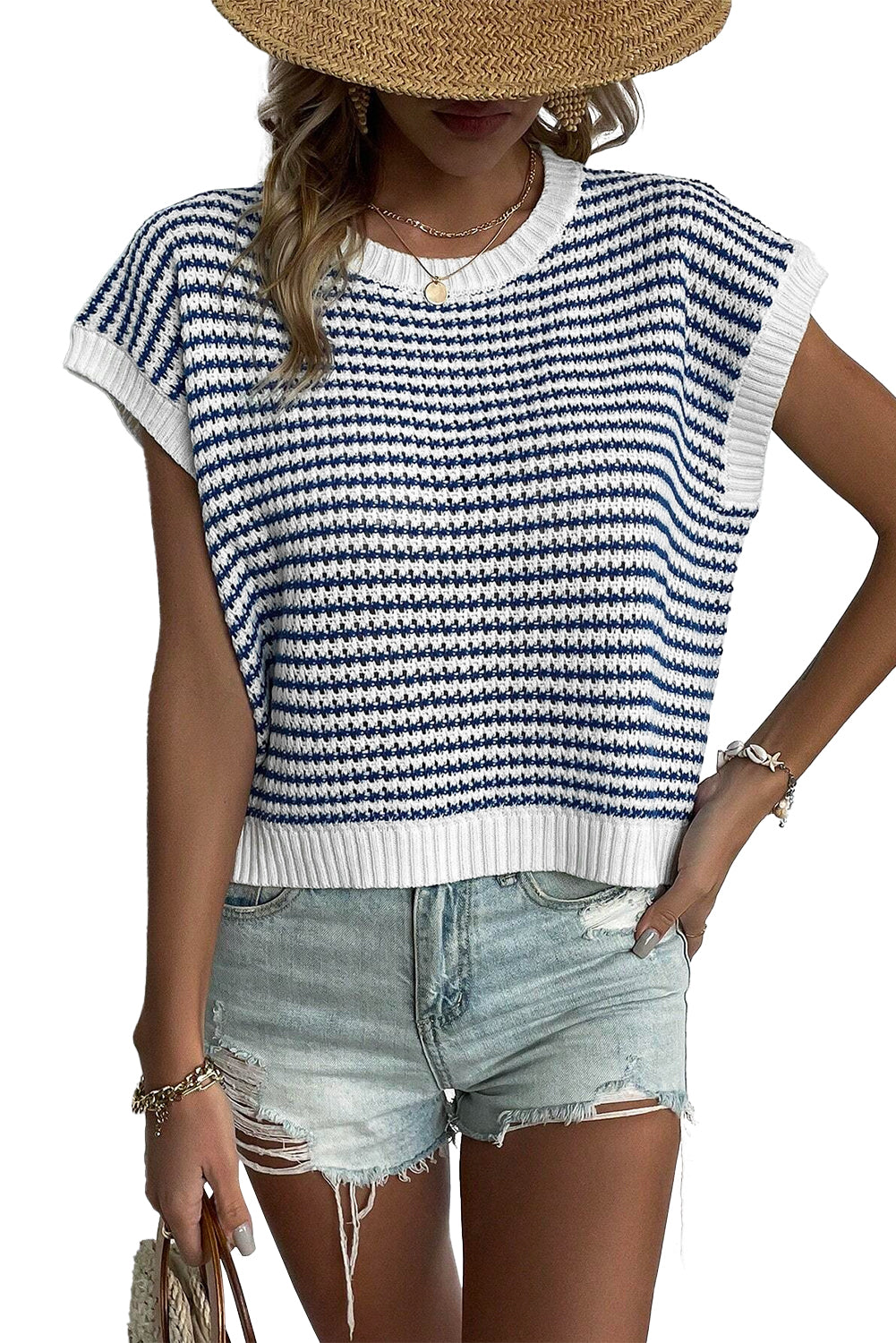 Blue Stripe Ribbed Trim Loose Fit Knitted Sweater Vest