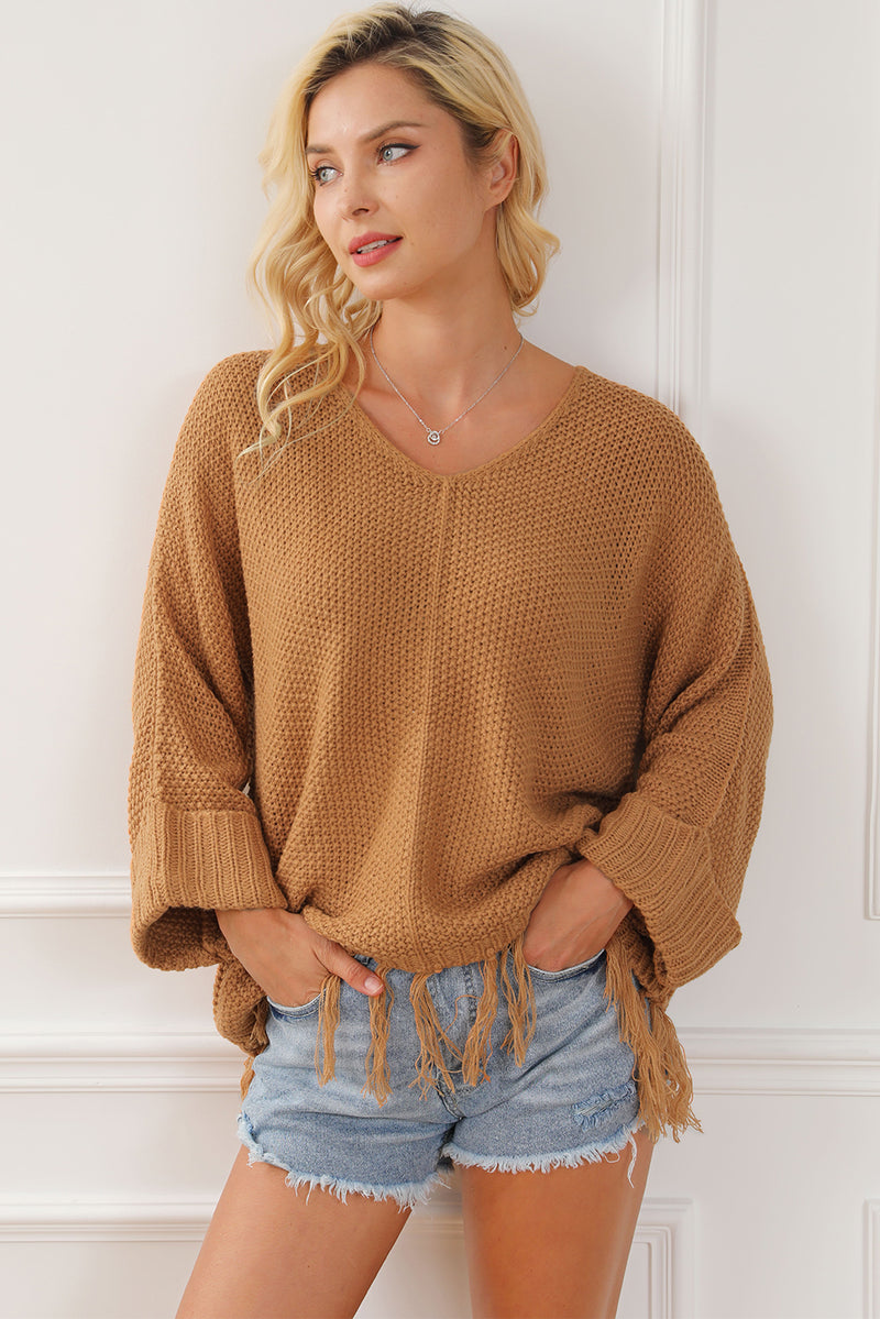 Camel Tasseled Hem Knit Baggy Sweater