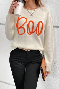 Apricot Boo Knitted Pattern Ribbed Edge Drop Shoulder Sweater