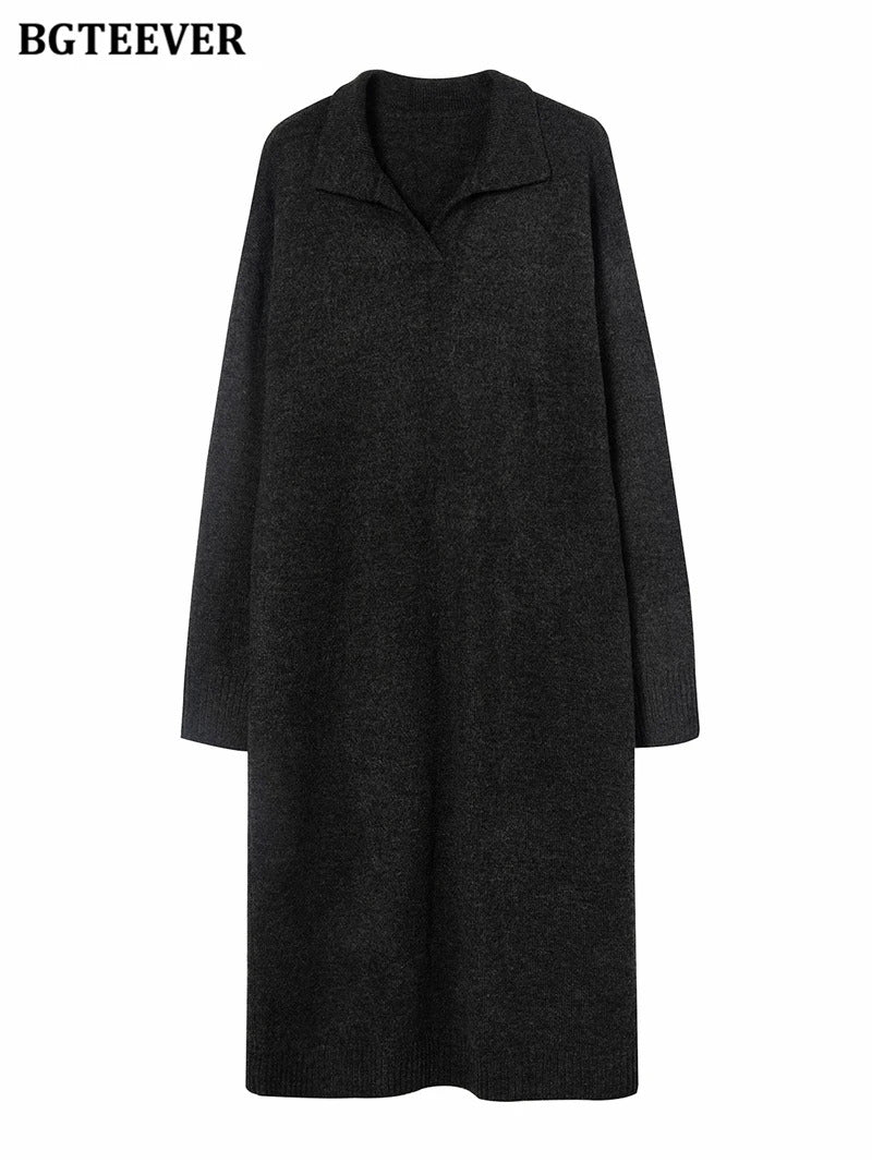 BGTEEVER Casual Thicken Warm Loose Sweater Dress Women Autumn Winter Lapel Full Sleeve Solid Long Knitted Dress Female vestidos