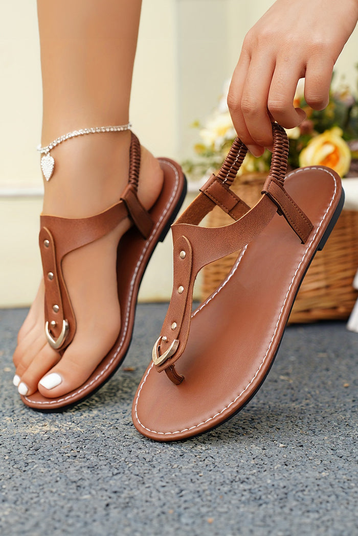 Chestnut Faux Leather Hollow Out Clip Toe Flat Sandals