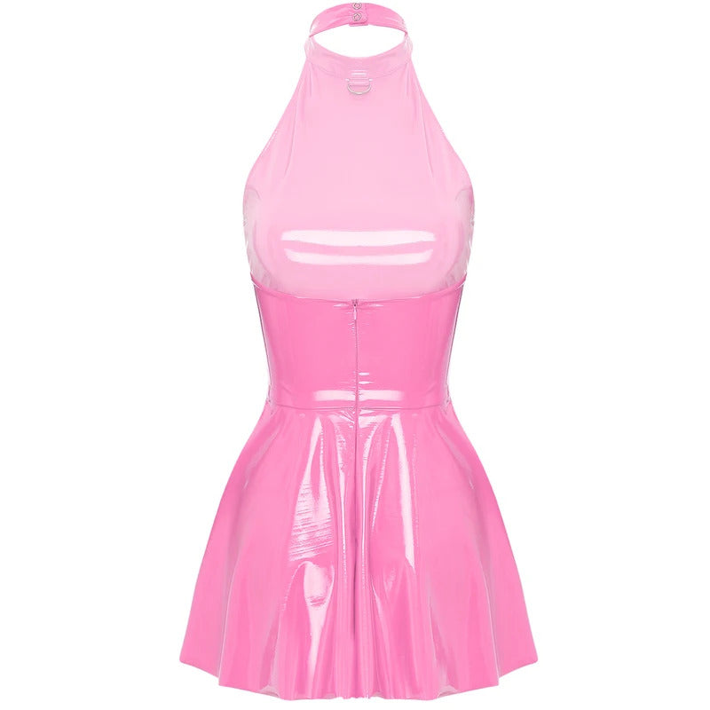 Womens Latex Swing Skirt Disco Dress Glossy Patent Leather Clubwear Halter Sleeveless Skater Mini Dress Rave Party Clubwear