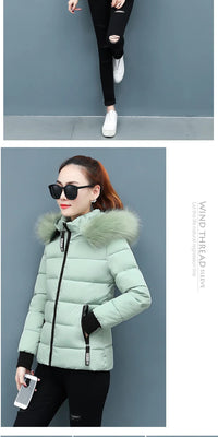 Zipper Fur Hooded Short Down Cotton Jacket Thickened Coat Fall Winter Casual Elegant Long Sleeve Warm Pockets Women Clothing New