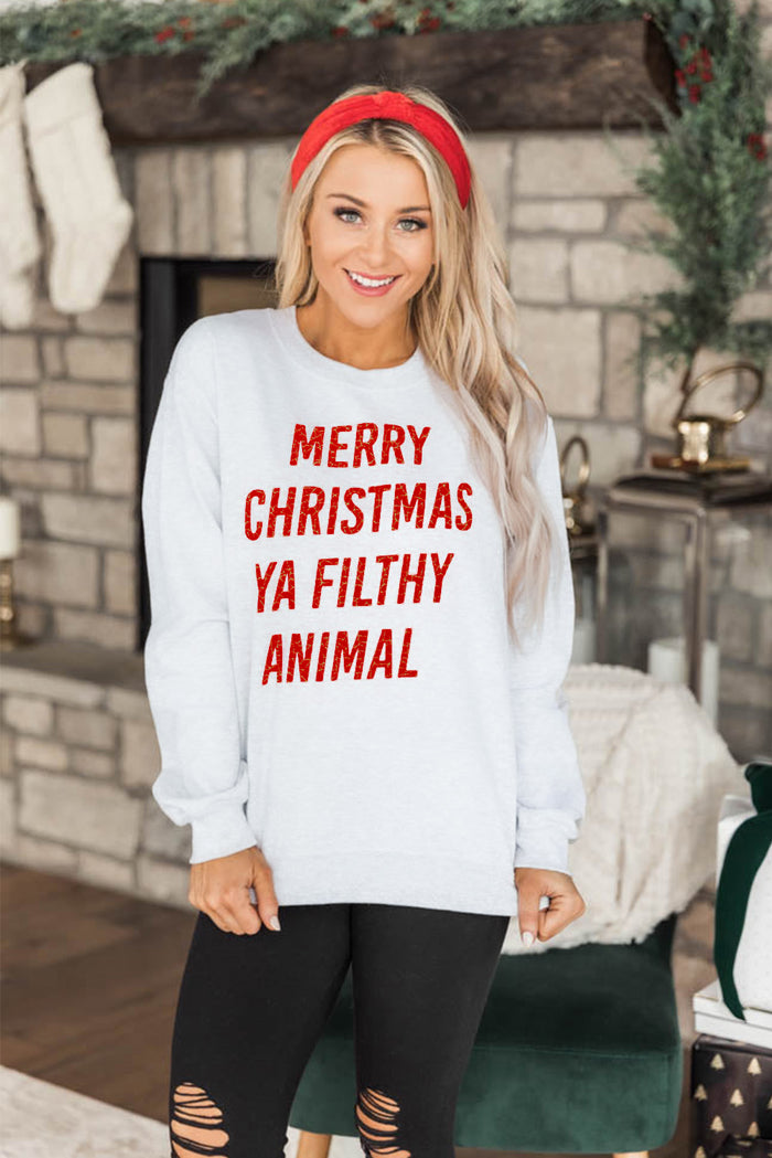 White Merry Christmas Ya Filthy Animal Graphic Sweatshirt