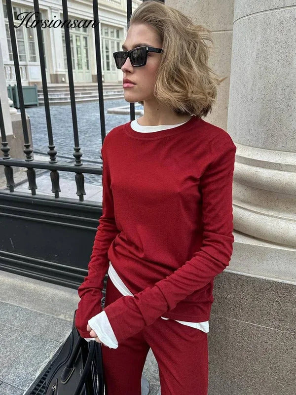 Hirsionsan 2024 Modal Soft Loose Sets Women 2024 Casual Two Pieces Long Sleeve T Shirts and High Waist Dresses Outfits Tracksuit