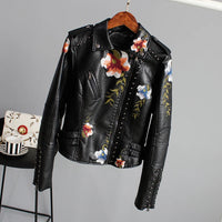 Ly Varey Lin Floral Print Embroidery Faux Soft Leather Jacket Women Pu Motorcycle Coat Female Black Punk Zipper Rivet Outerwear