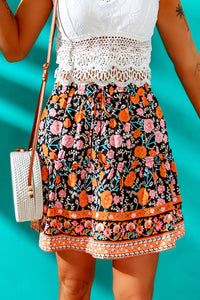 Black Floral Print Drawstring A-line High Waist Mini Skirt