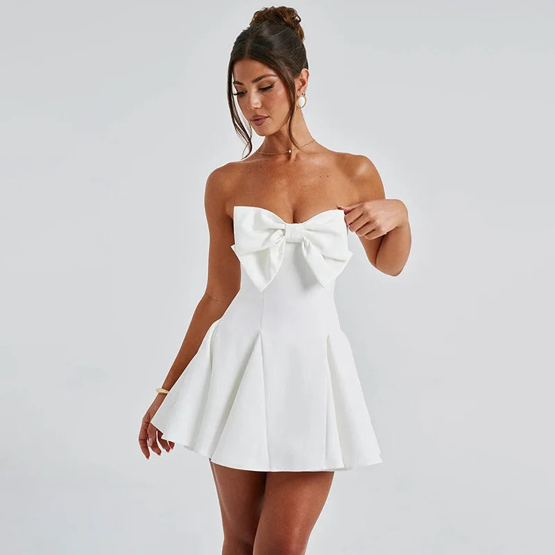 NIDANSSI Strapless Bow Backless Elegant Evening Party Dress Women Ruffle Sexy White Dress Bodycon Mini Summer Dress Vestidos