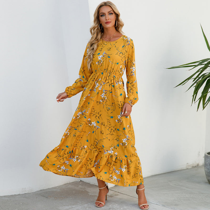 Women Maxi Dresses Sping Autumn Bohemian Casual Full Sleeve High Waist Beach Woman Chiffon Dresses Floral Vestidoes Long Dress