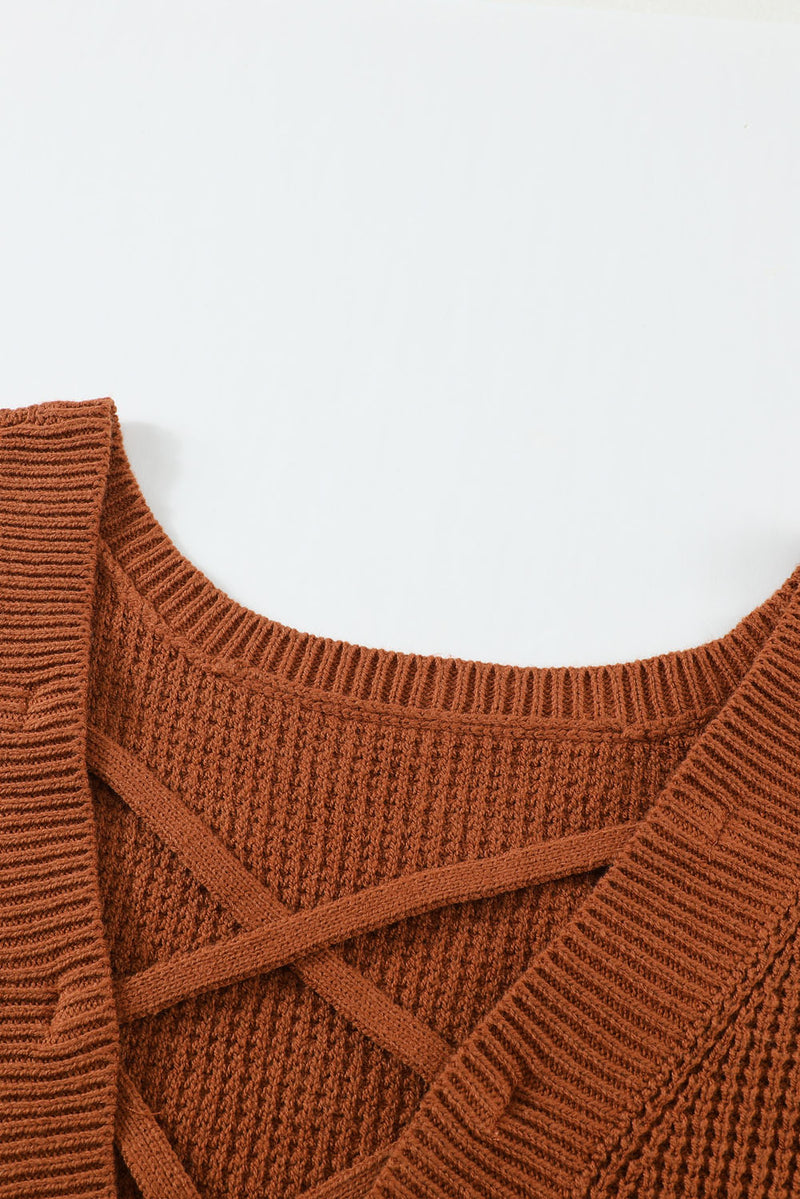 Brown Cross Back Hollow-out Sweater