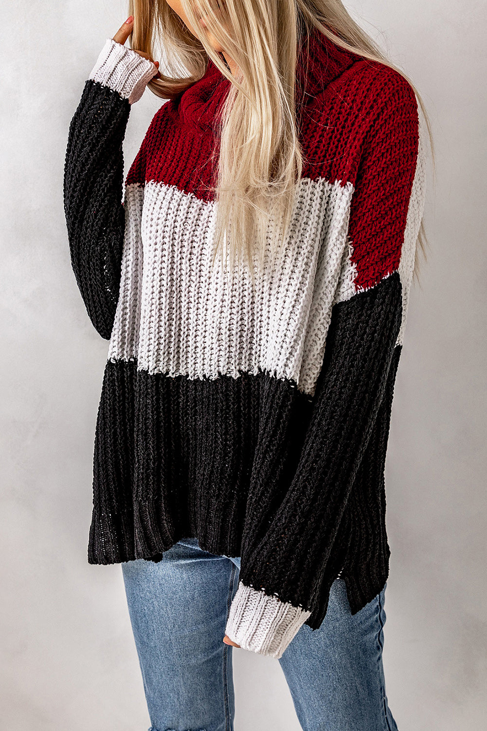 Black Cowl Neck Colorblock Cable Knit Sweater