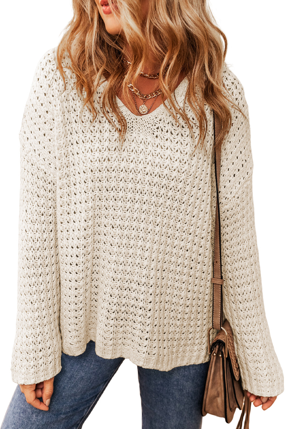 White Hollow-out Crochet V Neck Sweater