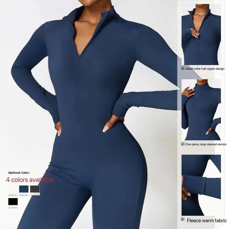 Winter Autumn Women's One-piece Yoga Jumpsuit leggings Long-sleeved Warm ski Overalls Outerwear High Elastic Cycling Bodysuit