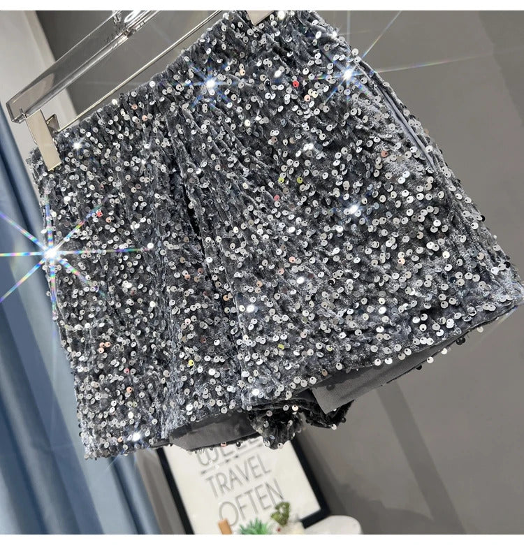 Europe and America Sequined Black Shorts Slim Suede Embroidered Beads Grey Casual Pants Women's Hot Pants