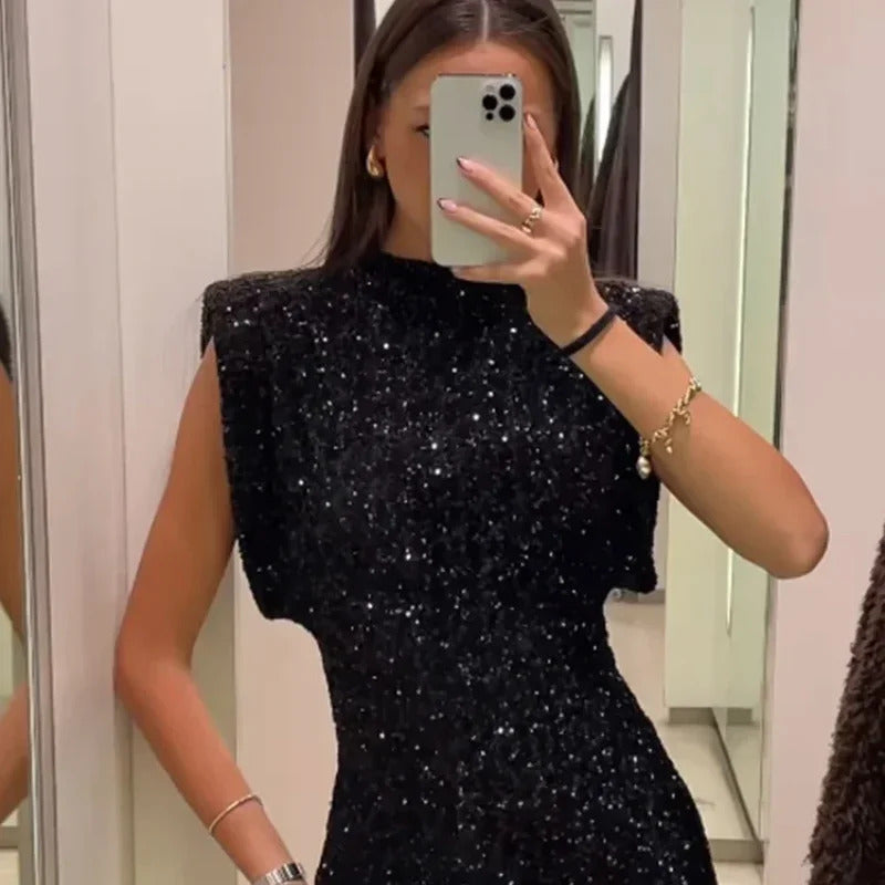 2024 New Fashion Sequin Mini Dress for Women Elegant O-Neck Fly Sleeve Shiny Short Dress Female Chic Club Evening Party Vestidos