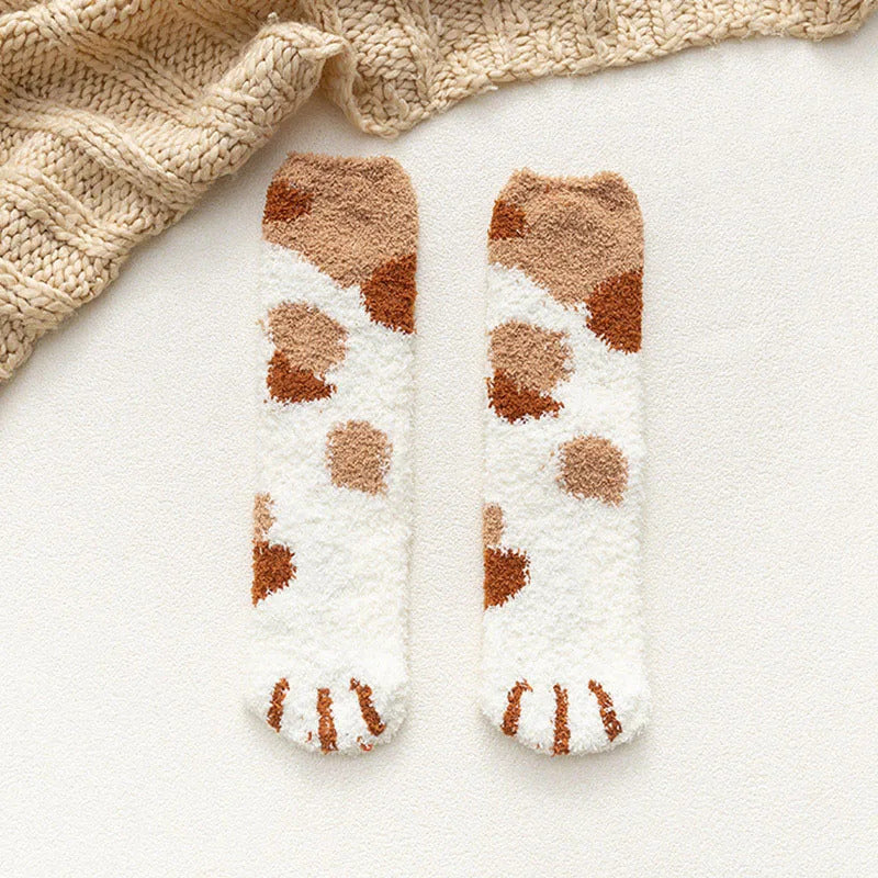 Women Winter Warm Fluffy Socks Cute Animal Claw Cat Paw Footprint Fuzzy Socks Female Thick Coral Fleece Home Floor Sleep Socks