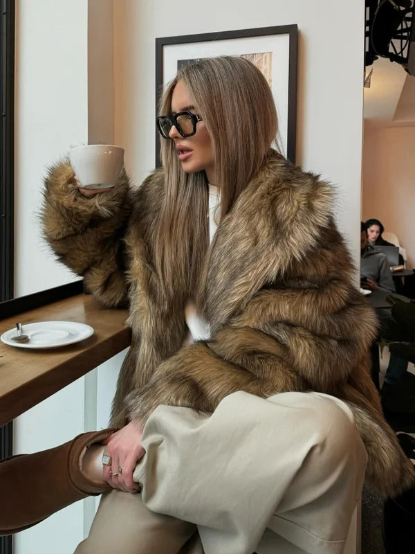 Luxury Brown Women's Fluffy Faux Fur Warm Short Coat Chic Lapel Collar Long Sleeve Furry Jacket Winter 2024 Lady High Streetwear