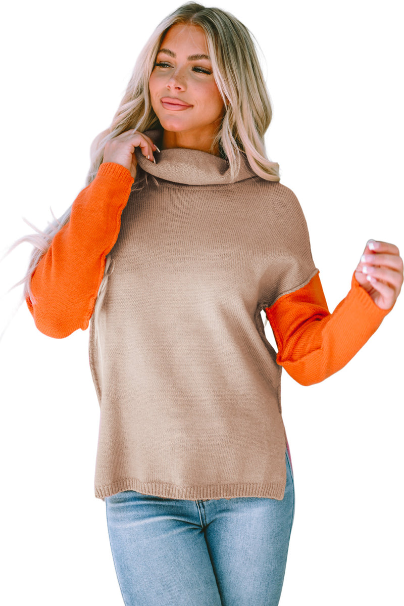 Clay Red Color Block Turtle Neck Drop Shoulder Knit Sweater