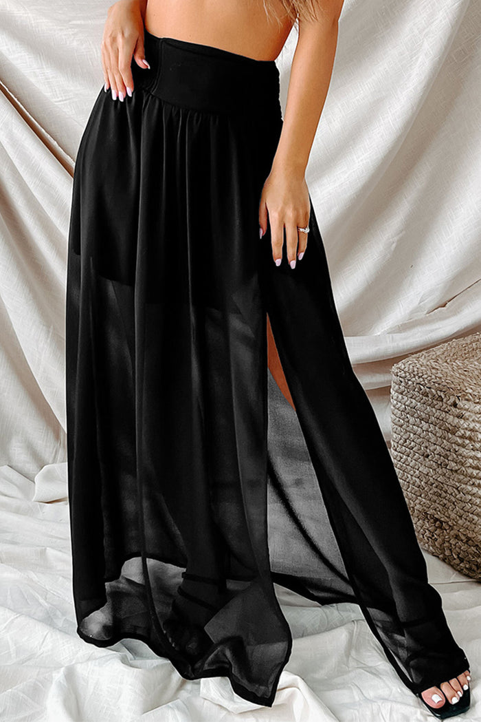 Black Shirred High Waist Chiffon Split Beach Maxi Skirt