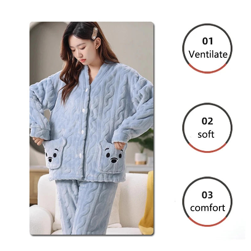 Thickened Warm Coral Velvet Pajamas Women's Autumn and Winter Padded Cartoon Bear Striped Flannel School Pajamas Winter Homewear