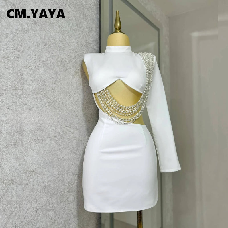 CM.YAYA Women Full Sleeve Elegant O-neck Mini Dress 2024 Summer Pearl String Sexy Street Night Club Party Vestidos Dresses