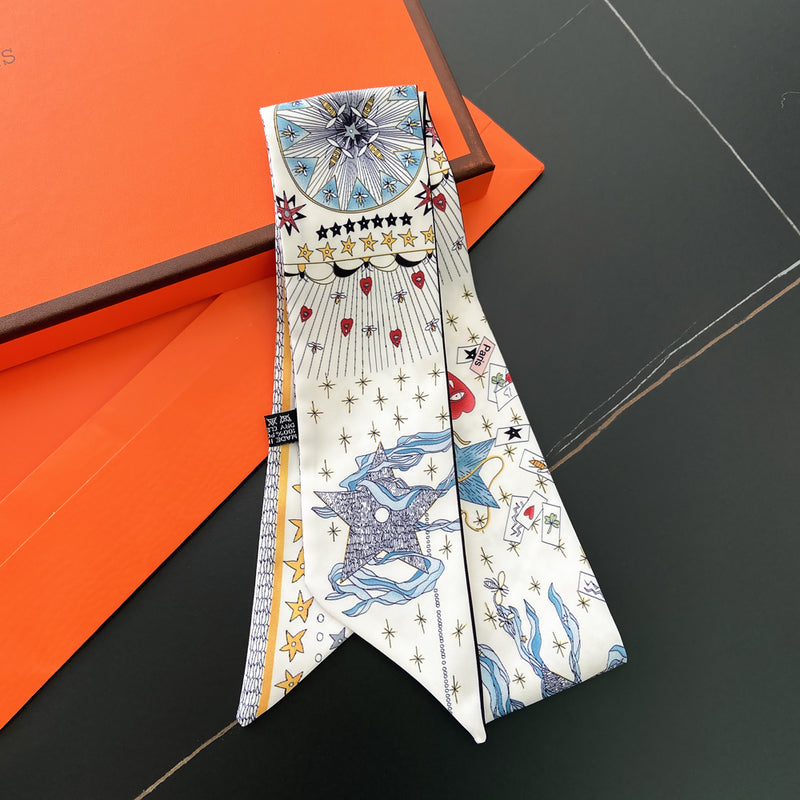 2023 French Versatile Tarot Goddess Sun Ladies 100% Twill Silk Scarf Decoration Long Strip Tie Binding Bag Ribbon