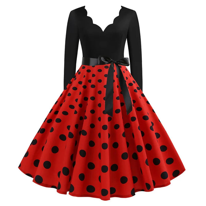 Women Vintage Long Sleeve Polka Dot Dress Spring Autumn New Year Party Dresses 3XL Black Vestidos