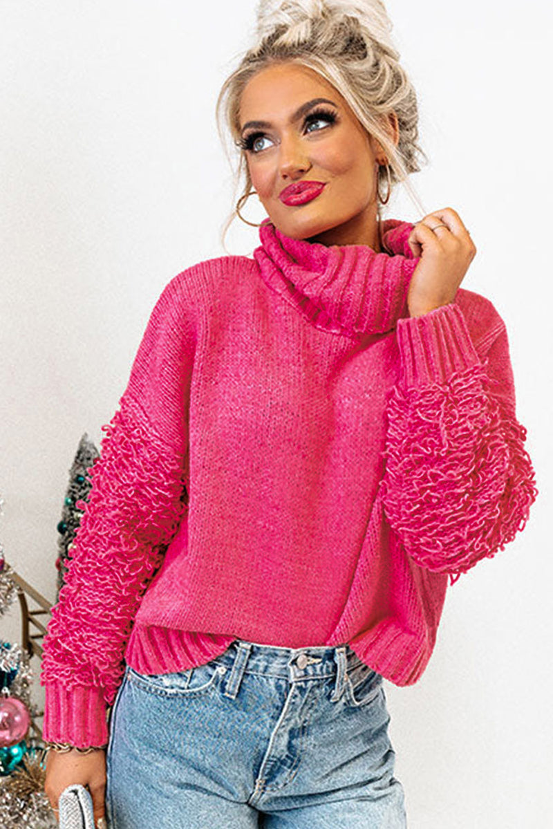 Pink Ribbed Turtleneck Fuzzy Sleeve Knit Sweater