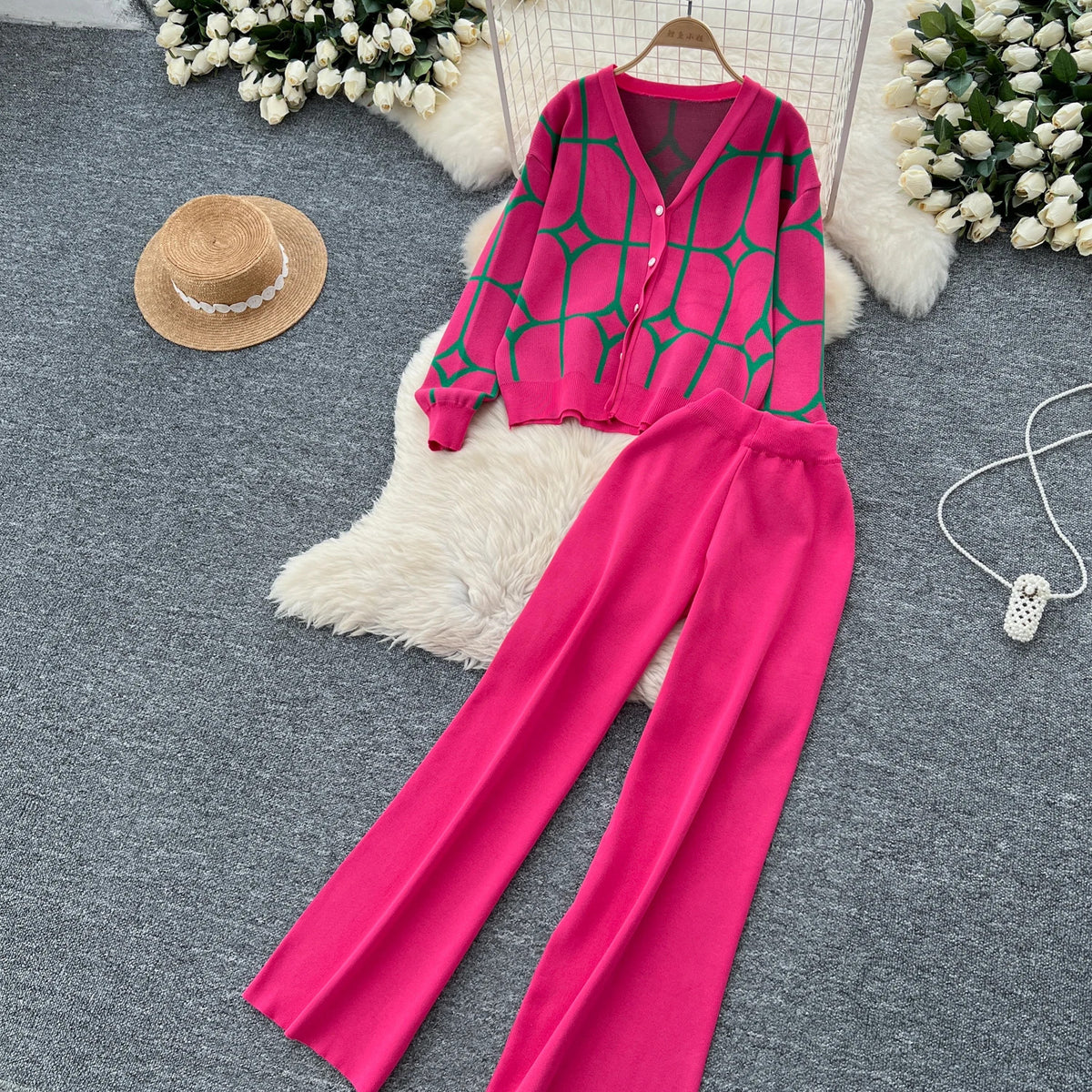 SINGREINY Basics Print Knit Two Pieces Sets Autumn Winter Single Breasted Cardigan+Wide Leg Long Pants Fashion Streetwear Suits