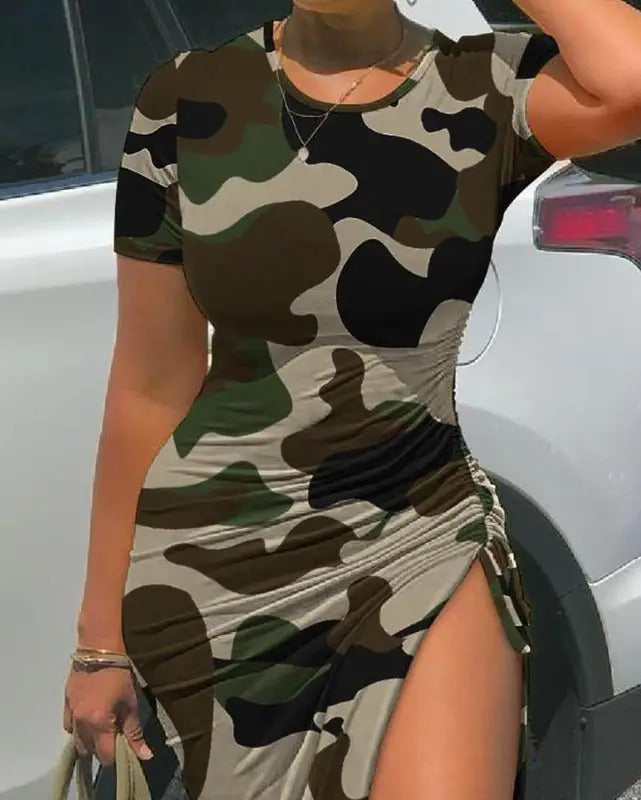 Women's Fashion Dress Camouflage Print Drawstring High Slit Dress 2024 Summer Latest Casual Round Neck Ruched Skinny Midi Skirt