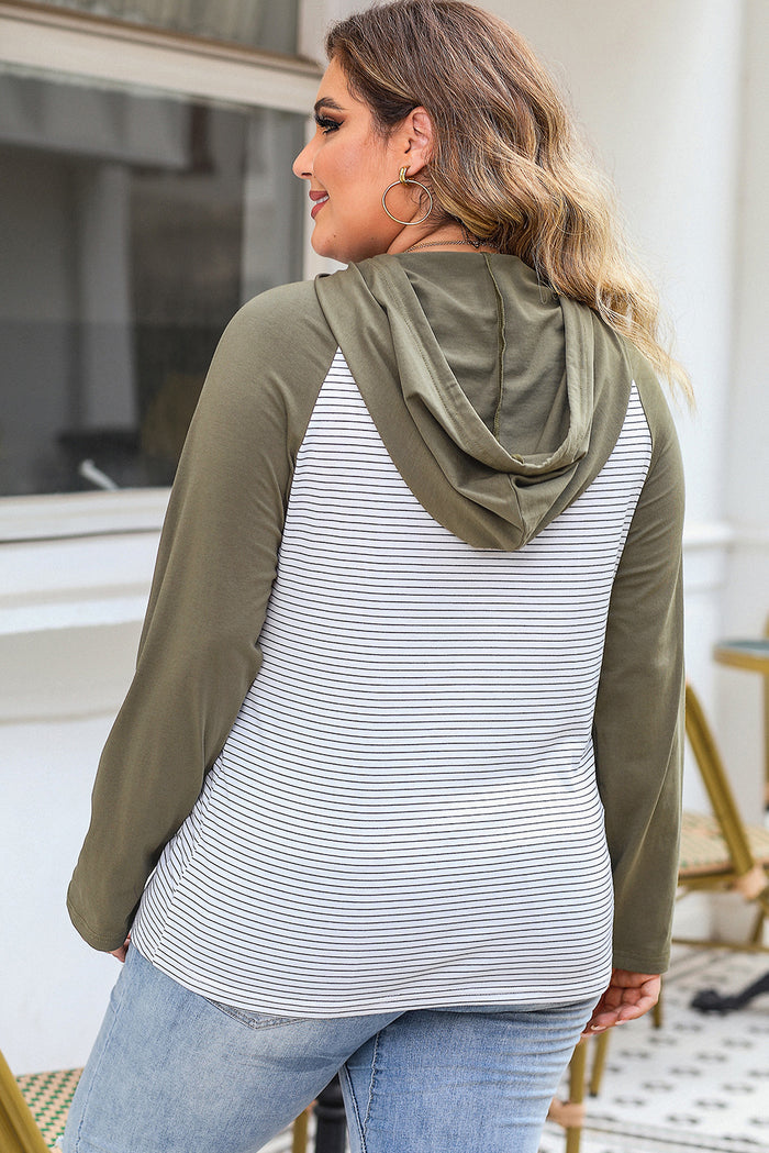 Green Striped Raglan Sleeve Buttoned Pocket Plus Size Hoodie