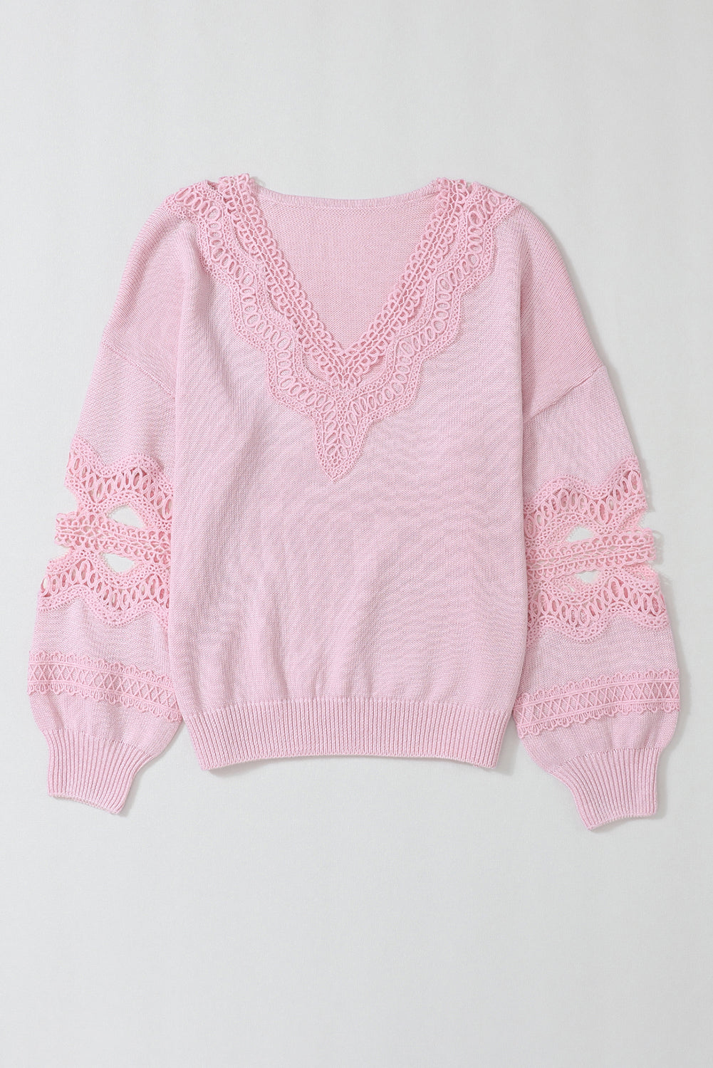 Pink Hollowed Lace Splicing V Neck Loose Sweater