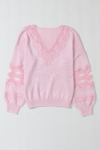 Pink Hollowed Lace Splicing V Neck Loose Sweater