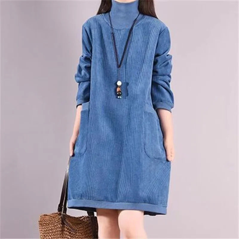 Women Autumn Winter Dress New Retro Corduroy Vestidos Add  Velvet High Neck Dress Mid-Length Loose Pullover Sweater Female 2022