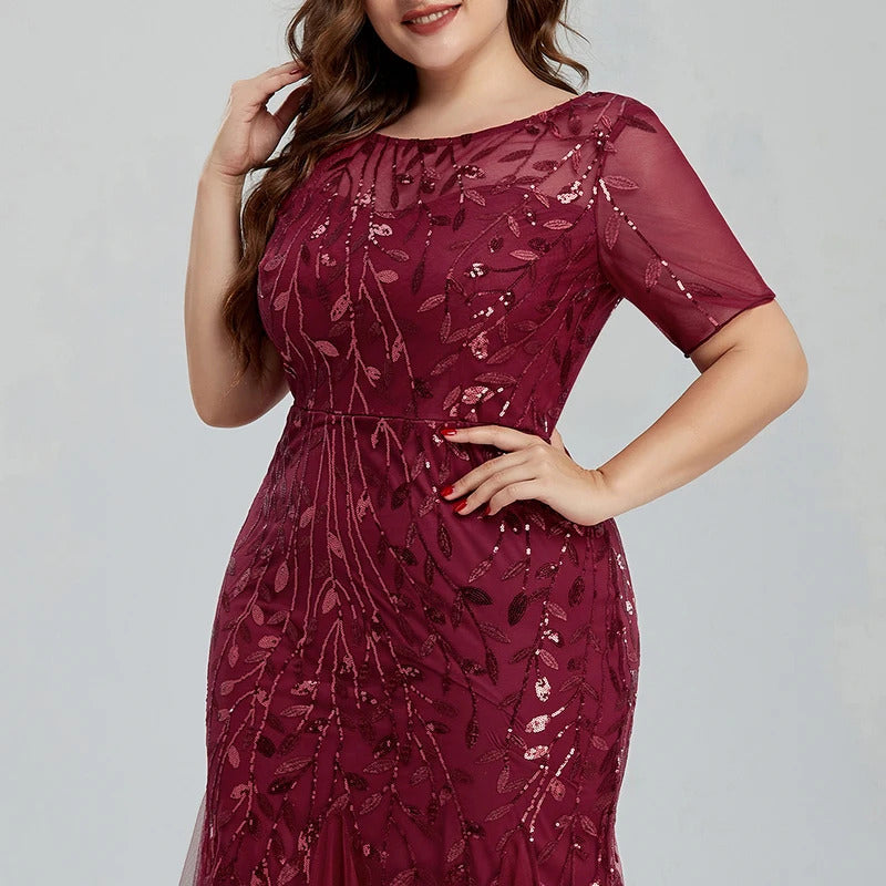 Women Plus Size Sequin Mesh Embroidery Mermaid  Evening Dress Formal Short Sleeve Elegant Party Prom Gowns 2020 New Long Dress