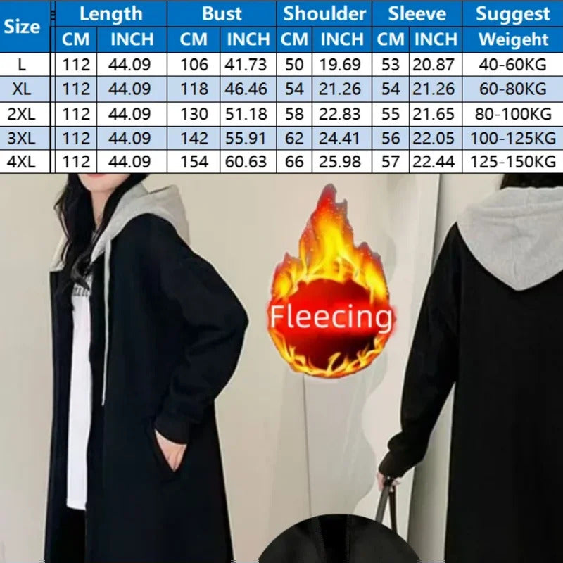 Plus Size Women's Hooded Zip-Up Winter Thick Casual Oversize Coat Black Patchwork Fake 2 Piece Hoodie Korean Matching Outerwear