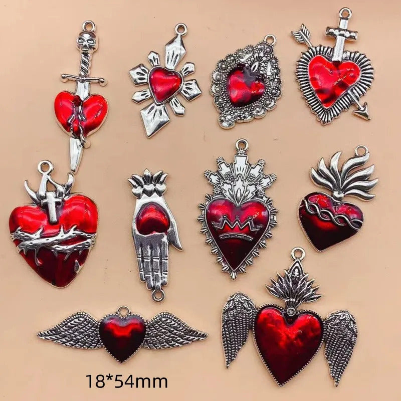 10pcs Mixed Silver Plated Enamel New Gothic Style Sacred Heart Alloy Pendant DIY Charms Earrings Necklace Jewelry Crafts Making