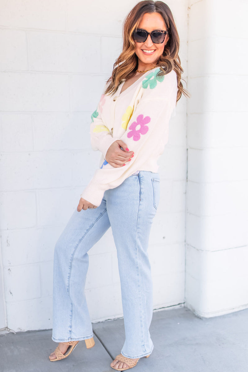 Beige Floral Pattern V Neck Buttoned Plus Size Cardigan