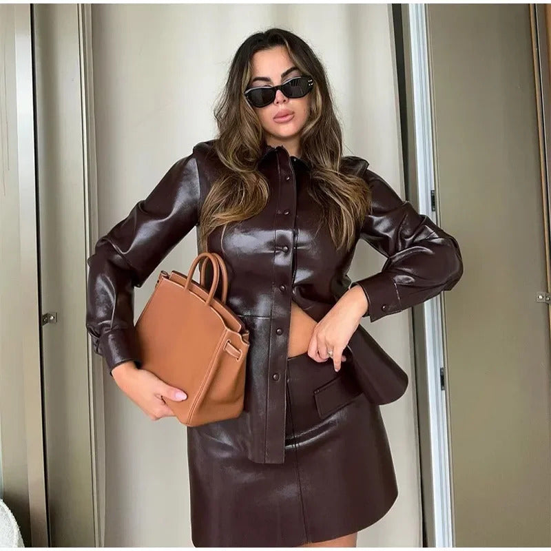 2024 Chic Burgundy Pu Leather Women's Mini Skirt Set Retro Slim Fit Lapel Single-breasted Jacket Suit Female High Street Outfits