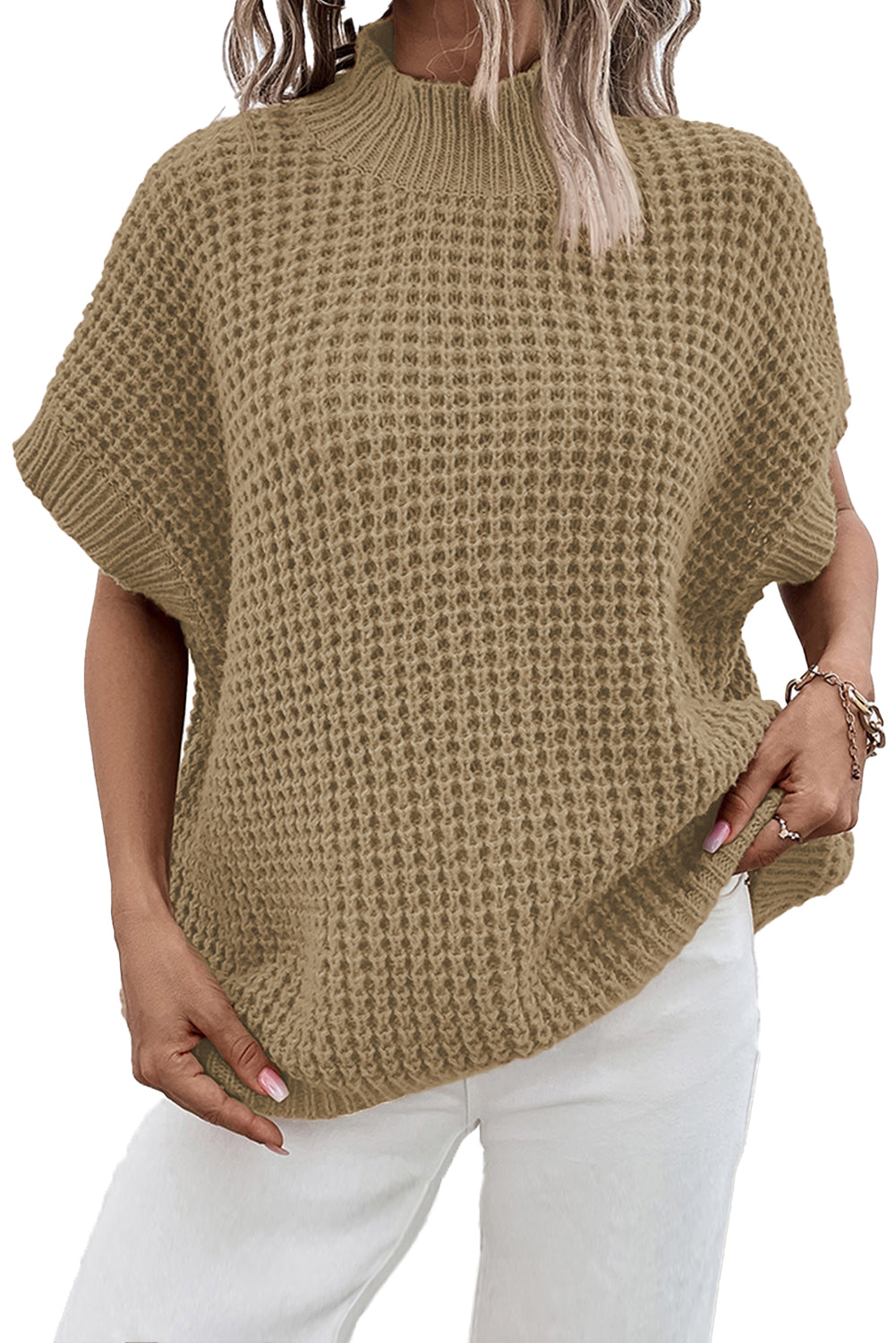 Light French Beige High Neck Short Batwing Sleeve Textured Knit Sweater