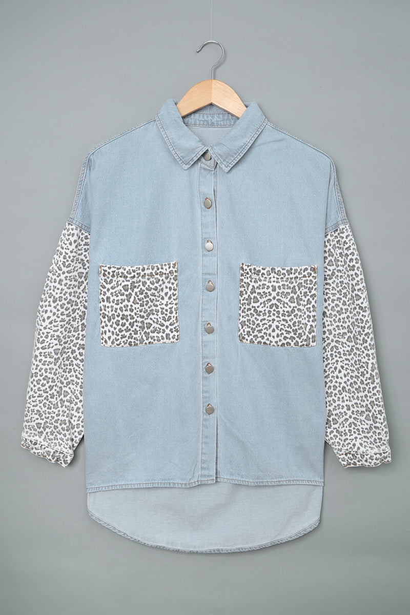 White Contrast Leopard Denim Jacket