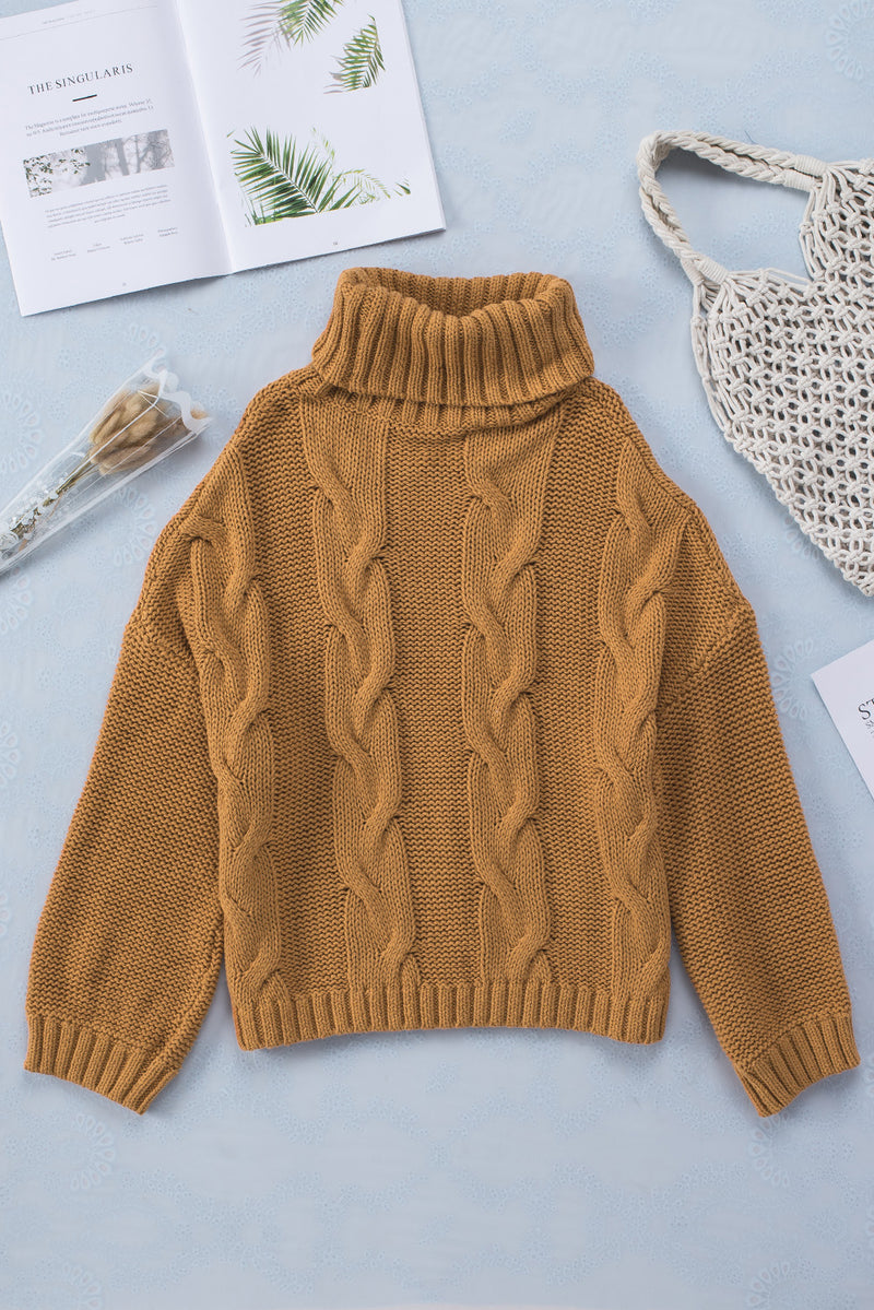 Yellow Cuddle Weather Cable Knit Handmade Turtleneck Sweater